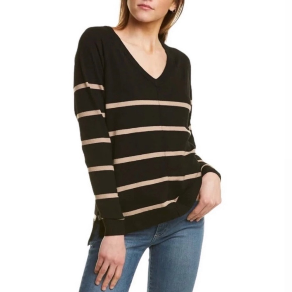 NEW Bobeau V Neck Striped Black/Oatmeal Knit Sweater